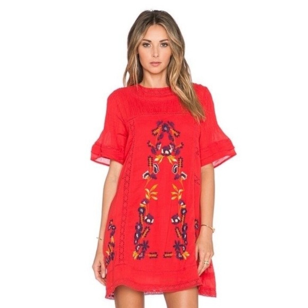 Free People 100% Cotton Perfectly Victorian Boho Embroidered Dress In Tomato S